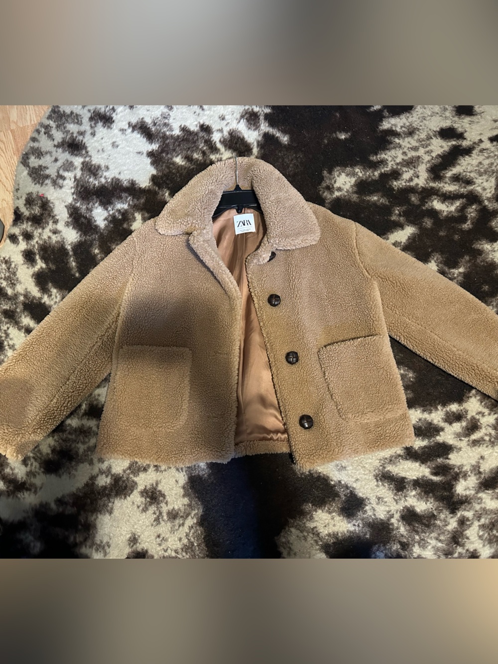 Zara Camel Sherpa Pea Coat with Button Front
